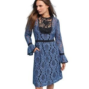 NWT Nanette Lepore Lace Bell Sleeve Modernist Shift Dress Blue Black Womens 2
